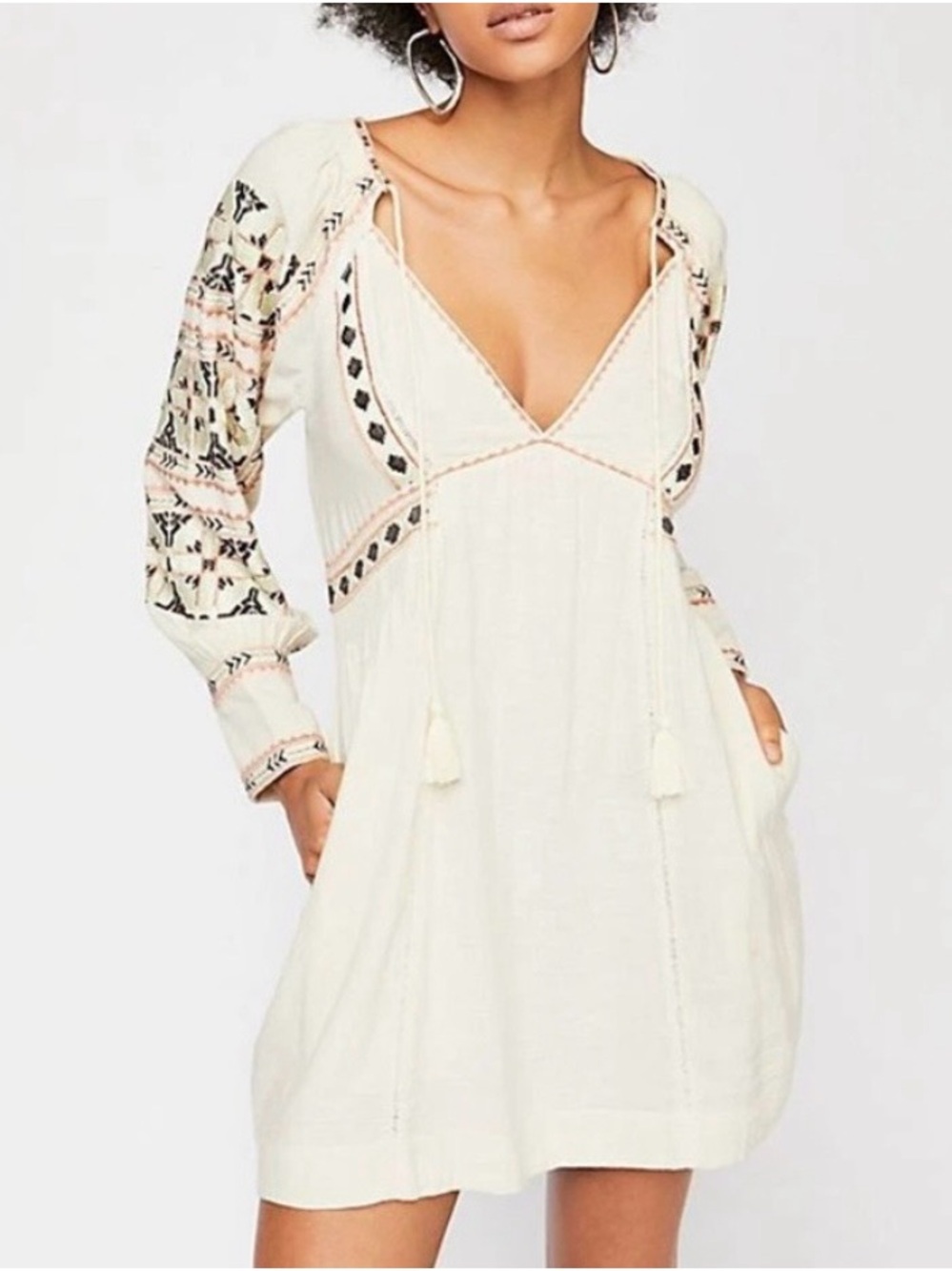 Free People Cream Boho Embroidered Peasant Dress